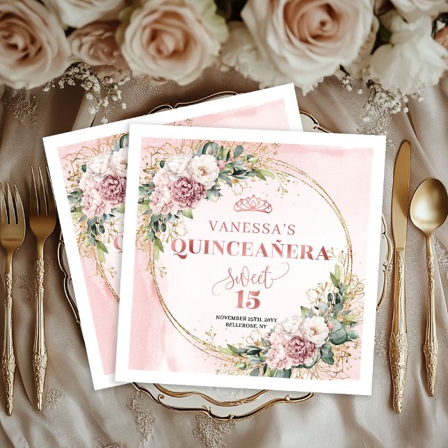 Guardanapo De Papel Rose Gold Floral Napkins for Sweet 15 Celebration (Rose Gold Floral Napkins for Sweet 15 Celebration)