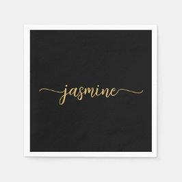 Guardanapo De Papel Rótulo Monograma Feminino Minimalista Preto Dourad