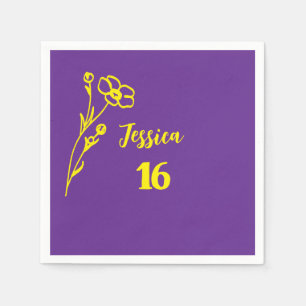 Guardanapo De Papel Roxo Brilhante & Floral Amarelo Aniversário de 16 