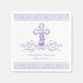 Guardanapo De Papel Roxo Damask Cross Girls Baptism Comunhão Napkin