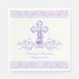 Guardanapo De Papel Roxo Damask Cross Girls Baptism Comunhão Napkin