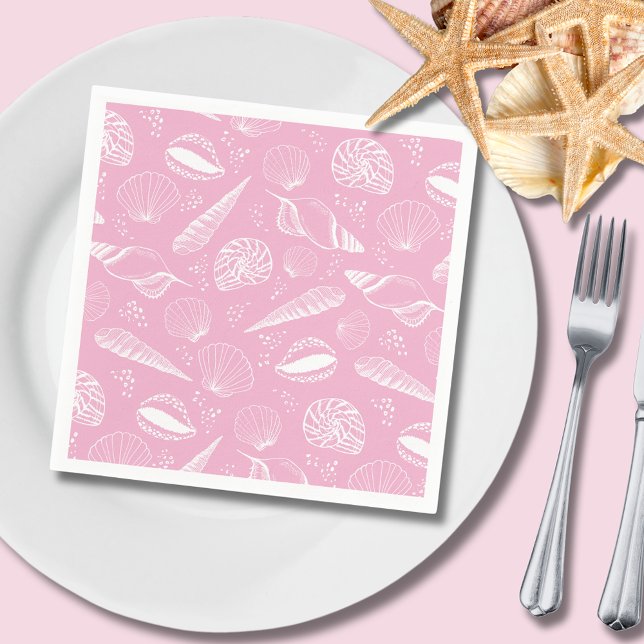 Guardanapo De Papel Roxo de concha de mar (Pink coastal seashell paper napkin, perfect for summer bbq's at the beach or parties & celebrations.)