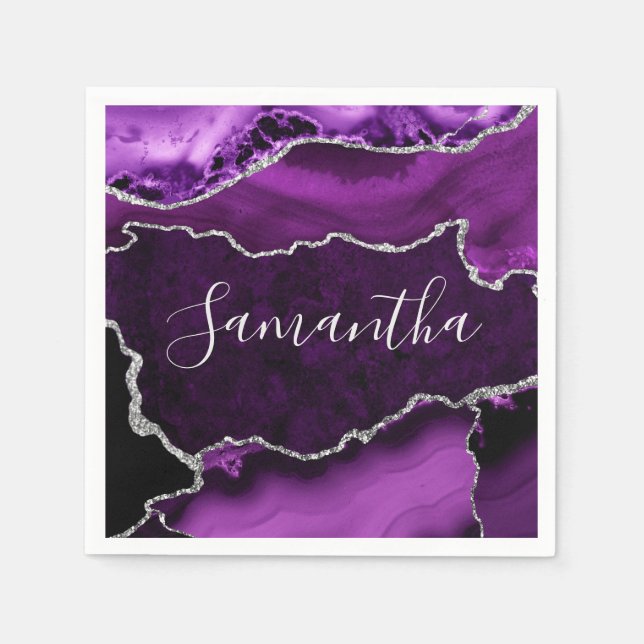 Guardanapo De Papel Roxo e Falso Glitter de Mármore de Ágata Prata (Frente)