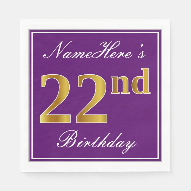 Guardanapo De Papel Roxo Elegante, Faux Dourado 22º Aniversário + Nome (Frente)