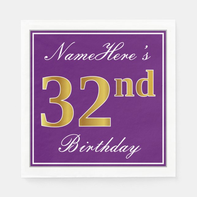 Guardanapo De Papel Roxo Elegante, Faux Dourado 32º Aniversário + Nome (Frente)