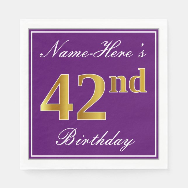 Guardanapo De Papel Roxo Elegante, Faux Dourado 42º Aniversário + Nome (Frente)