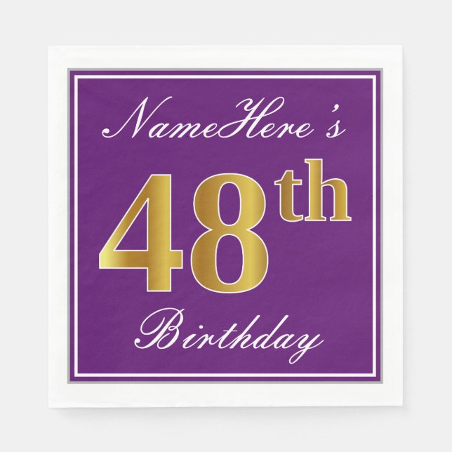 Guardanapo De Papel Roxo Elegante, Faux Dourado 48º Aniversário + Nome (Frente)