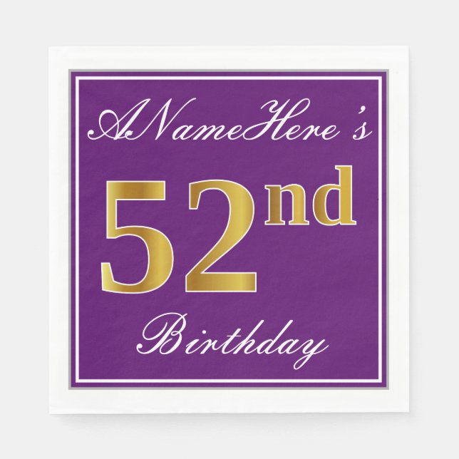Guardanapo De Papel Roxo Elegante, Faux Dourado 52º Aniversário + Nome (Frente)
