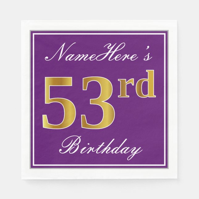 Guardanapo De Papel Roxo Elegante, Faux Dourado 53º Aniversário + Nome (Frente)
