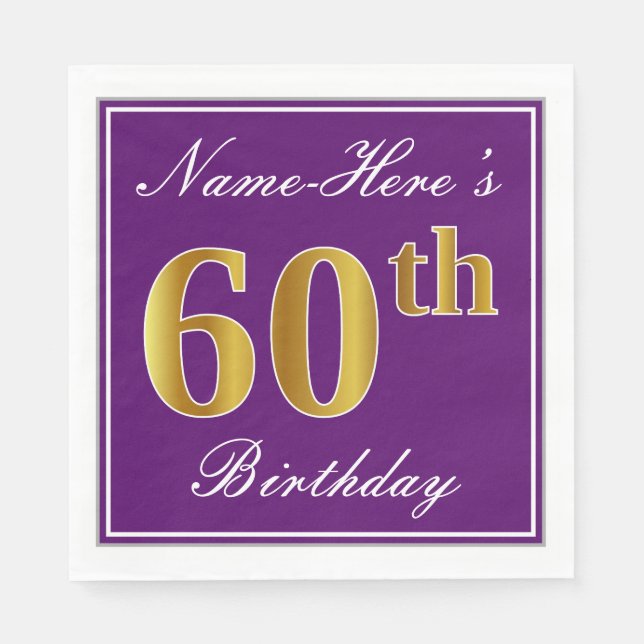 Guardanapo De Papel Roxo Elegante, Faux Dourado 60º Aniversário + Nome (Frente)