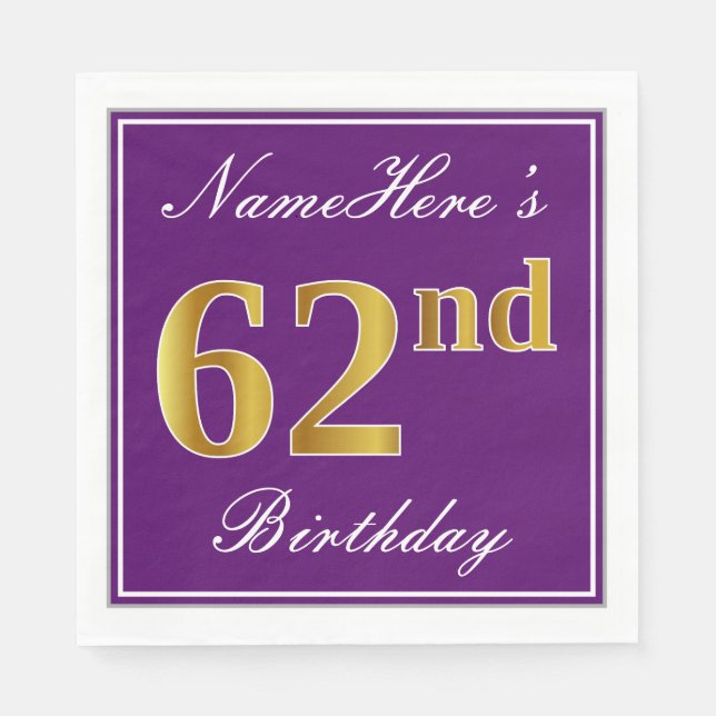 Guardanapo De Papel Roxo Elegante, Faux Dourado 62º Aniversário + Nome (Frente)