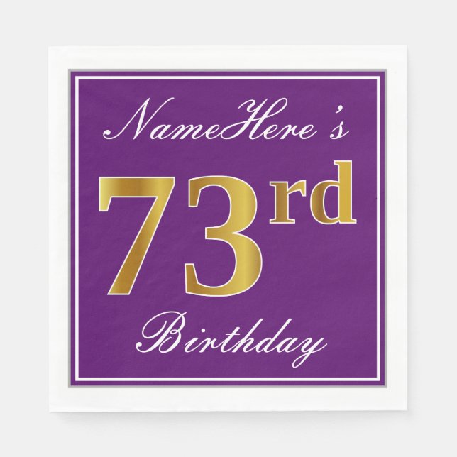 Guardanapo De Papel Roxo Elegante, Faux Dourado 73º Aniversário + Nome (Frente)