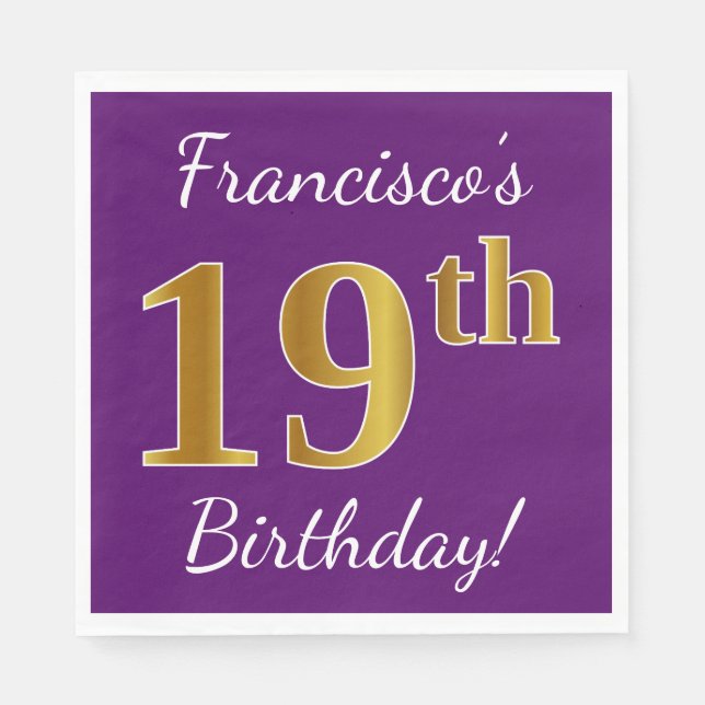 Guardanapo De Papel Roxo, Faux Dourado 19º Aniversário + Nome Personal (Frente)