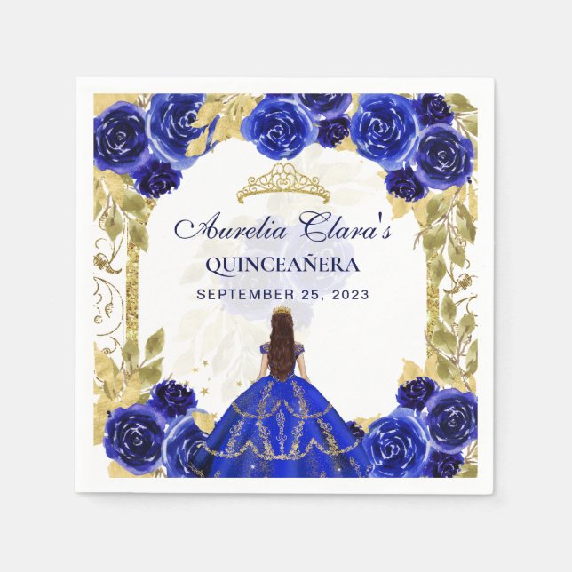 Guardanapo De Papel Royal Blue Floral Princesa Dourada Quinceanera (Frente)