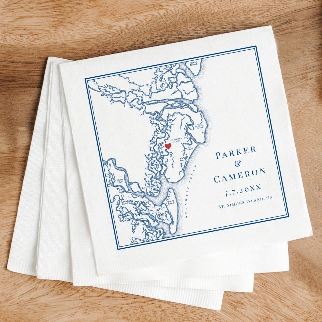 Guardanapo De Papel Rua. Simons Island GA Mapa do Marinho Elegante Cas (St. Simons Georgia map napkin for your wedding in the Golden Isles - also includes Jekyll Island)