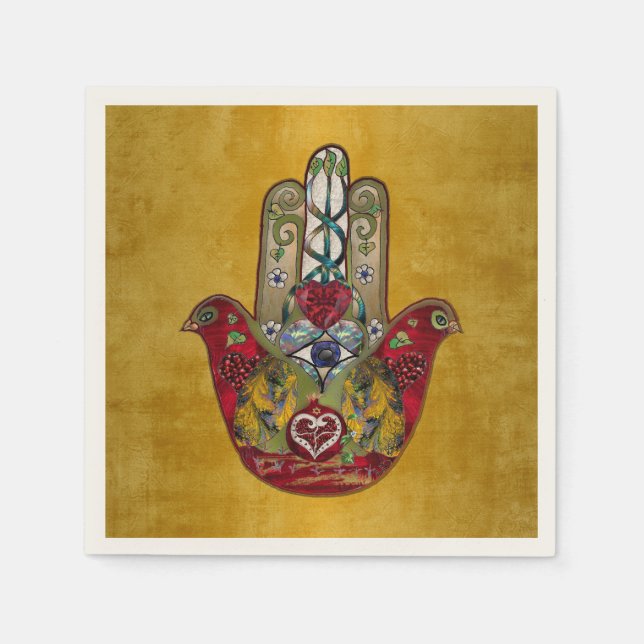 Guardanapo De Papel Rubis Romã Coração Vermelho Pássaro Hamsa (Frente)