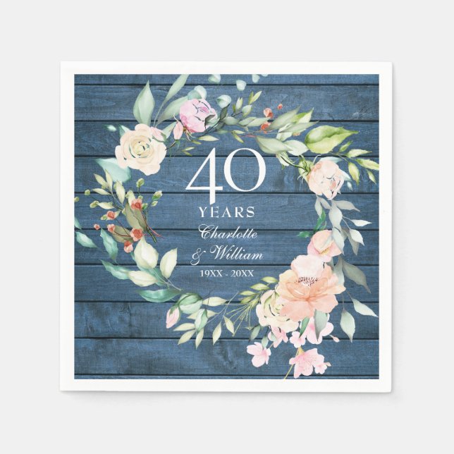 Guardanapo De Papel Ruby Wedding Anniversário Blue Rustic Floral (Frente)