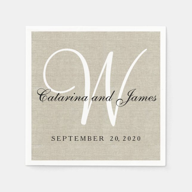Guardanapo De Papel Rustic Beige Linen Monogramas Papel de Casamento N (Frente)