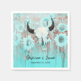 Guardanapo De Papel Rustic Boho Teal Western Sunflower Bull Crânio