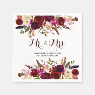 Guardanapo De Papel Rustic Burgundy Chic Floral Sr. e Sra. Wedding