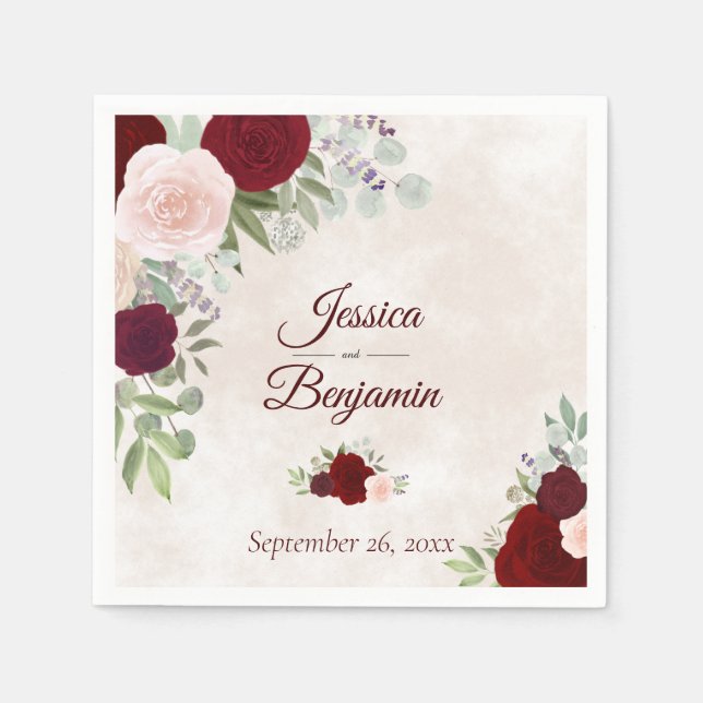 Guardanapo De Papel Rustic Burgundy Floral sobre Dusty Rosa Wedding (Frente)