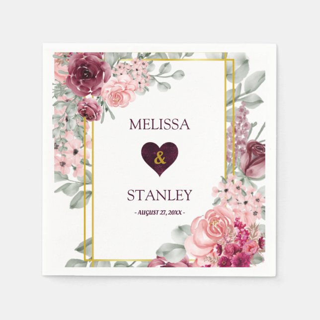 Guardanapo De Papel Rustic Burgundy Marsala e Casamento Floral Rosa (Frente)