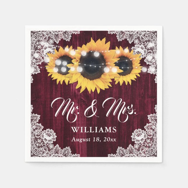 Guardanapo De Papel Rustic Burgundy Sunflower Sr. e Sra. Wedding (Frente)