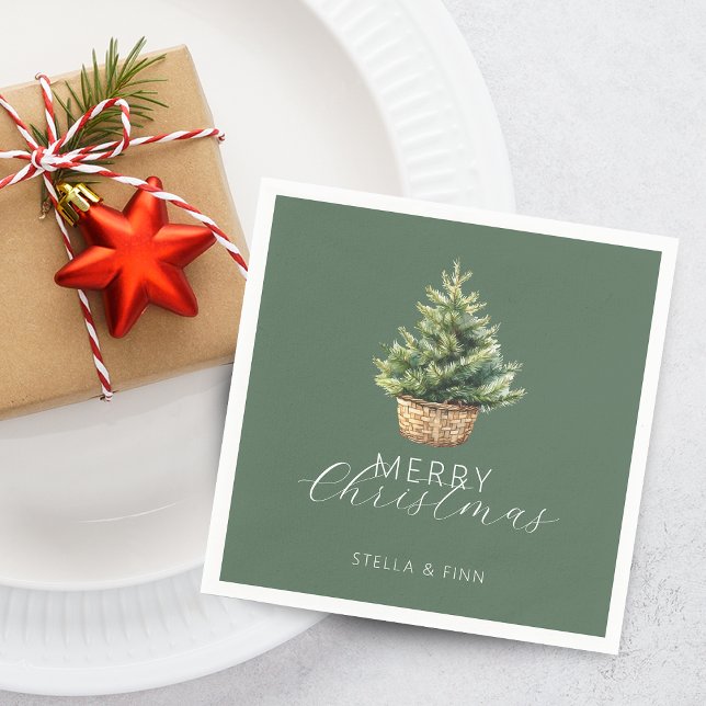 Guardanapo De Papel Rustic Christmas Tree In Basket Dusty Green (Rustic Christmas Tree In Basket Dusty Green Napkins)
