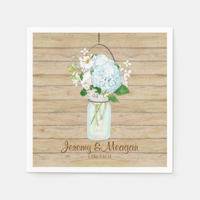 Guardanapo De Papel Rustic Country Mason Jar Flowers White Hydrangeas (Frente)