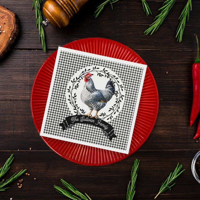 Guardanapo De Papel Rustic Country Rooster Chicken BW Gingham Checks (Rustic Country Rooster Chicken Black and White Gingham Checks Family Name Script Text Paper Napkins)