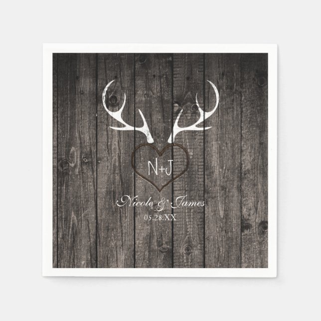 Guardanapo De Papel Rustic Deer Antlers & Carved Heart Wedings Napkins (Frente)