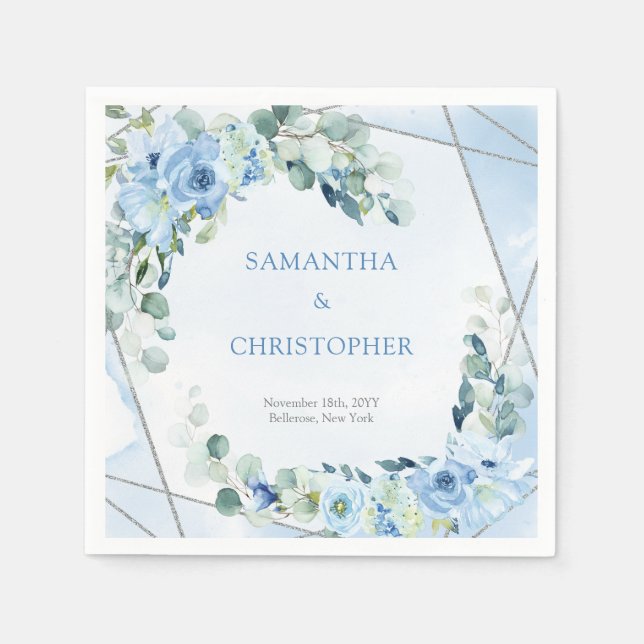 Guardanapo De Papel Rustic Dusty Blue Floral prata Casamento (Frente)
