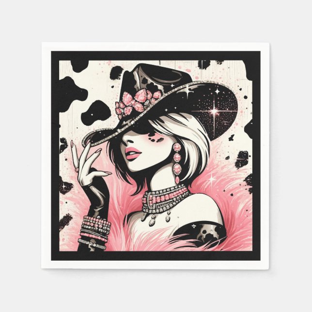 Guardanapo De Papel Rustic Glam Cowgirl Pink Sparkle Cowhide Aniversár (Frente)