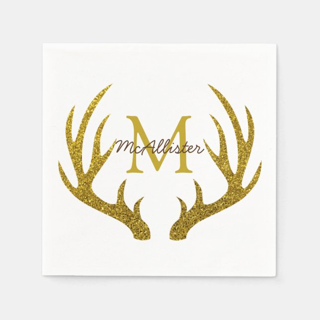 Guardanapo De Papel Rustic Glam Dourado Faux Glitter Deer Antlers (Frente)