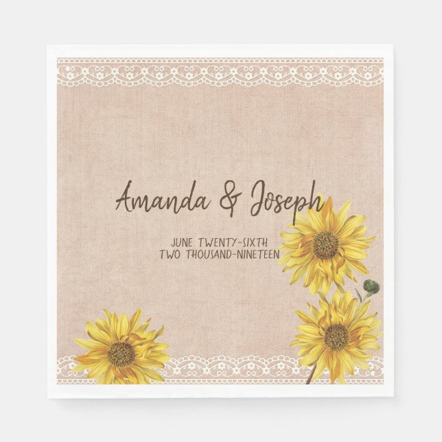 Guardanapo De Papel Rustic Lace & Burlap Sunflower Casamento Napkins (Frente)