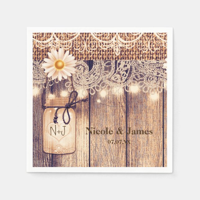 Guardanapo De Papel Rustic Lighted Mason Jars Daisies & Lace Weding (Frente)