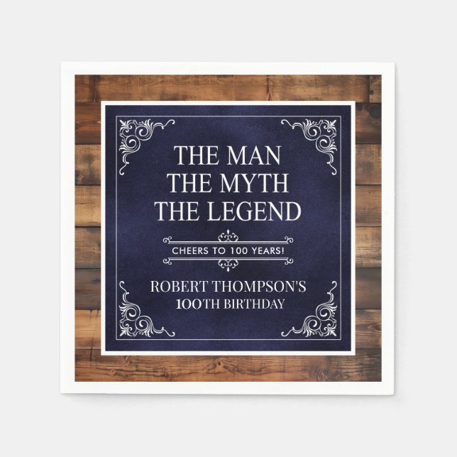 Guardanapo De Papel Rustic Man Myth Legend 100th Birthday Blue (Frente)