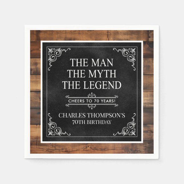 Guardanapo De Papel Rustic Man Myth Legend 70 Birthday Black (Frente)