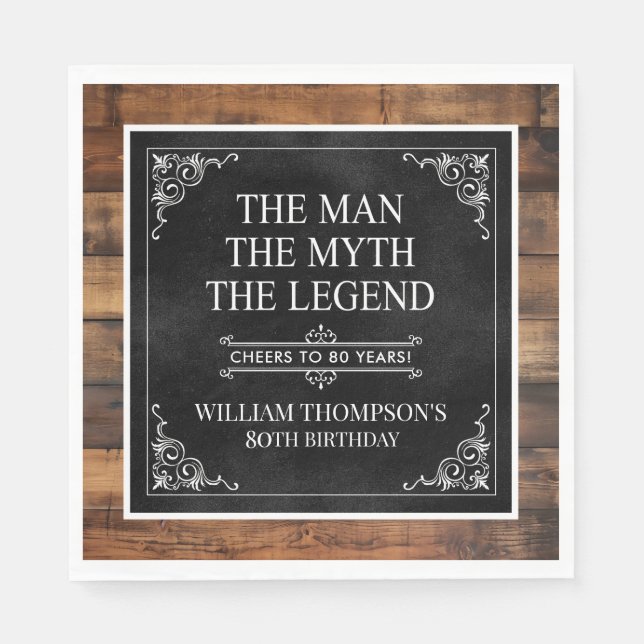 Guardanapo De Papel Rustic Man Myth Legend 80 Birthday Black (Frente)