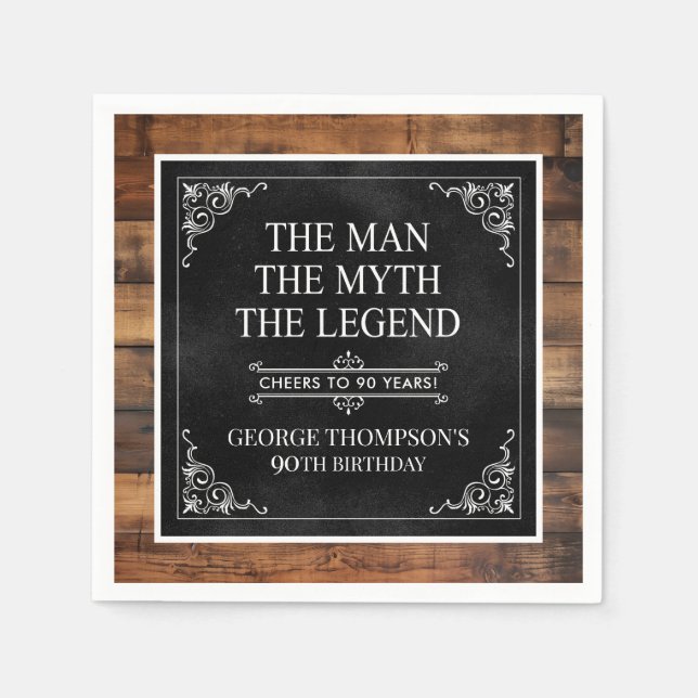 Guardanapo De Papel Rustic Man Myth Legend 90 Birthday Black (Frente)