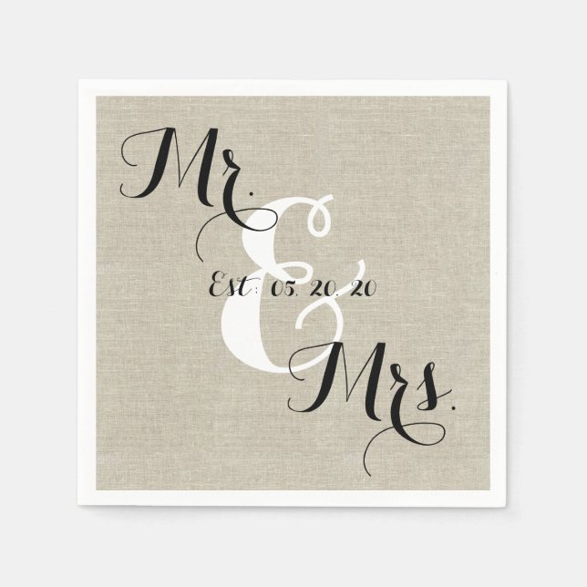 Guardanapo De Papel Rustic Mr and Mrs Linen Custom Wedding Napkins (Frente)