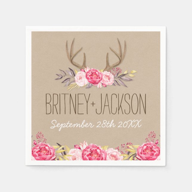 Guardanapo De Papel Rustic Peony e Deer Antler Wedding Napkins (Frente)