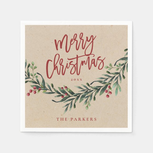 Guardanapo De Papel Rustic Red Script Felry Greenery de Natal (Frente)