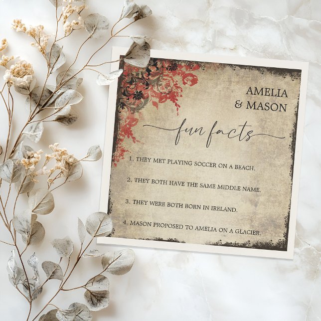 Guardanapo De Papel Rustic Script Red Floral Fun Facts Wedding  (Rustic Script Red Floral Fun Facts Wedding Napkins)