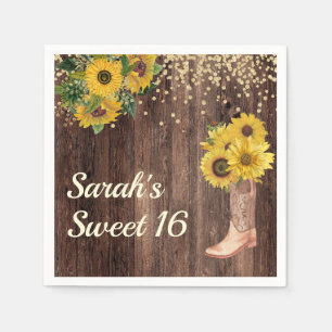 Guardanapo De Papel Rustic Sunflower Boots Glitter Sweet 16 Aniversári