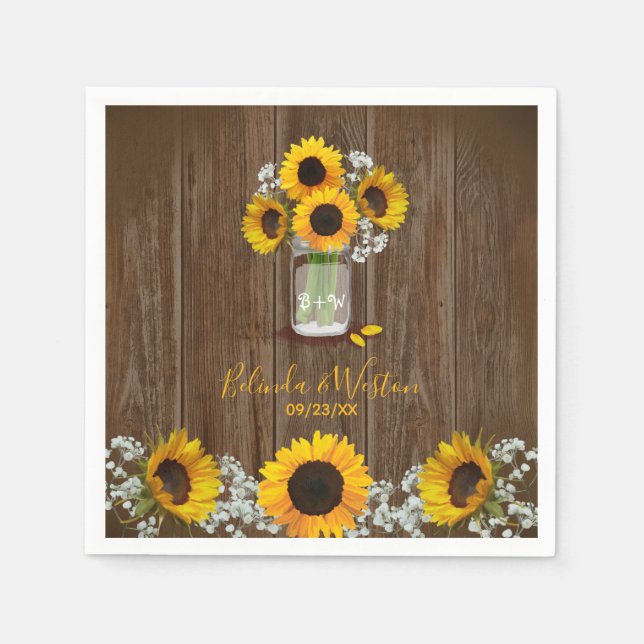 Guardanapo De Papel Rustic Sunflower e Mason Jar Wedding (Frente)