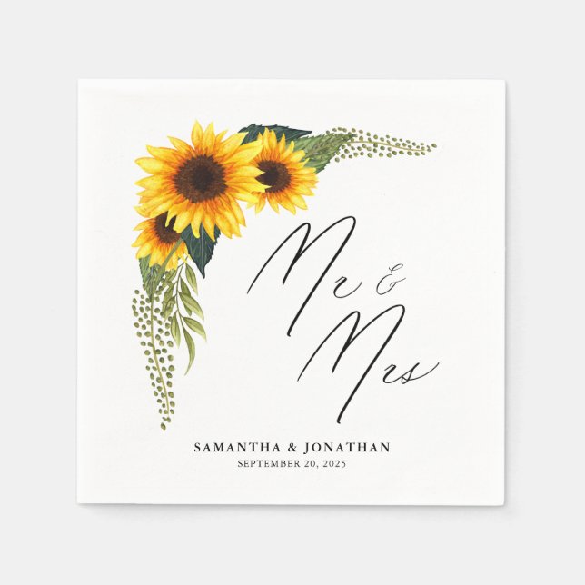 Guardanapo De Papel Rustic Sunflower Script Sr. e Sra. Wedding (Frente)