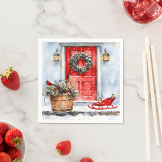 Guardanapo De Papel Rustic Vintage Winter Red Christmas Door Wreath