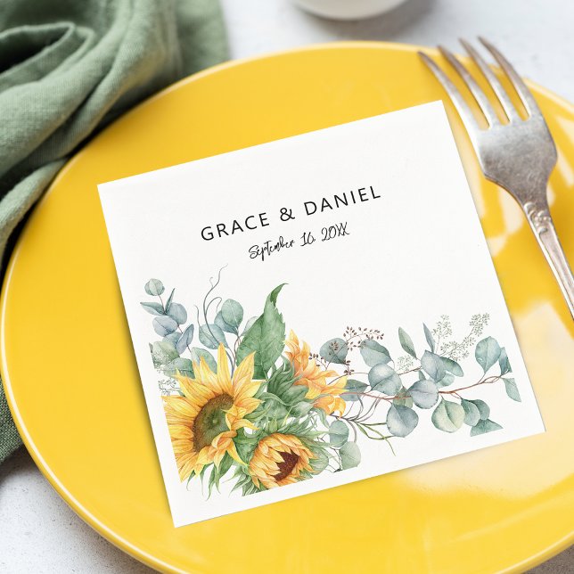 Guardanapo De Papel Rustic Watercolor (Rustic Watercolor Sunflower Eucalyptus Greenery Napkins)