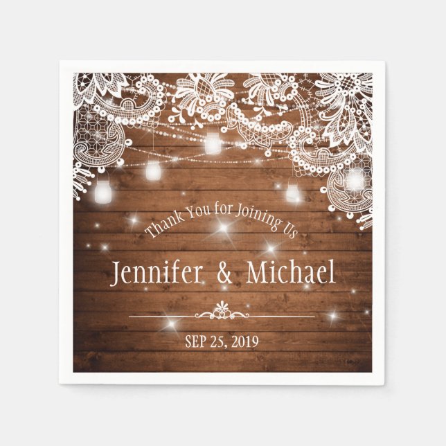 Guardanapo De Papel Rustic Wood Mason Jar String Luzes Lace Casamento (Frente)